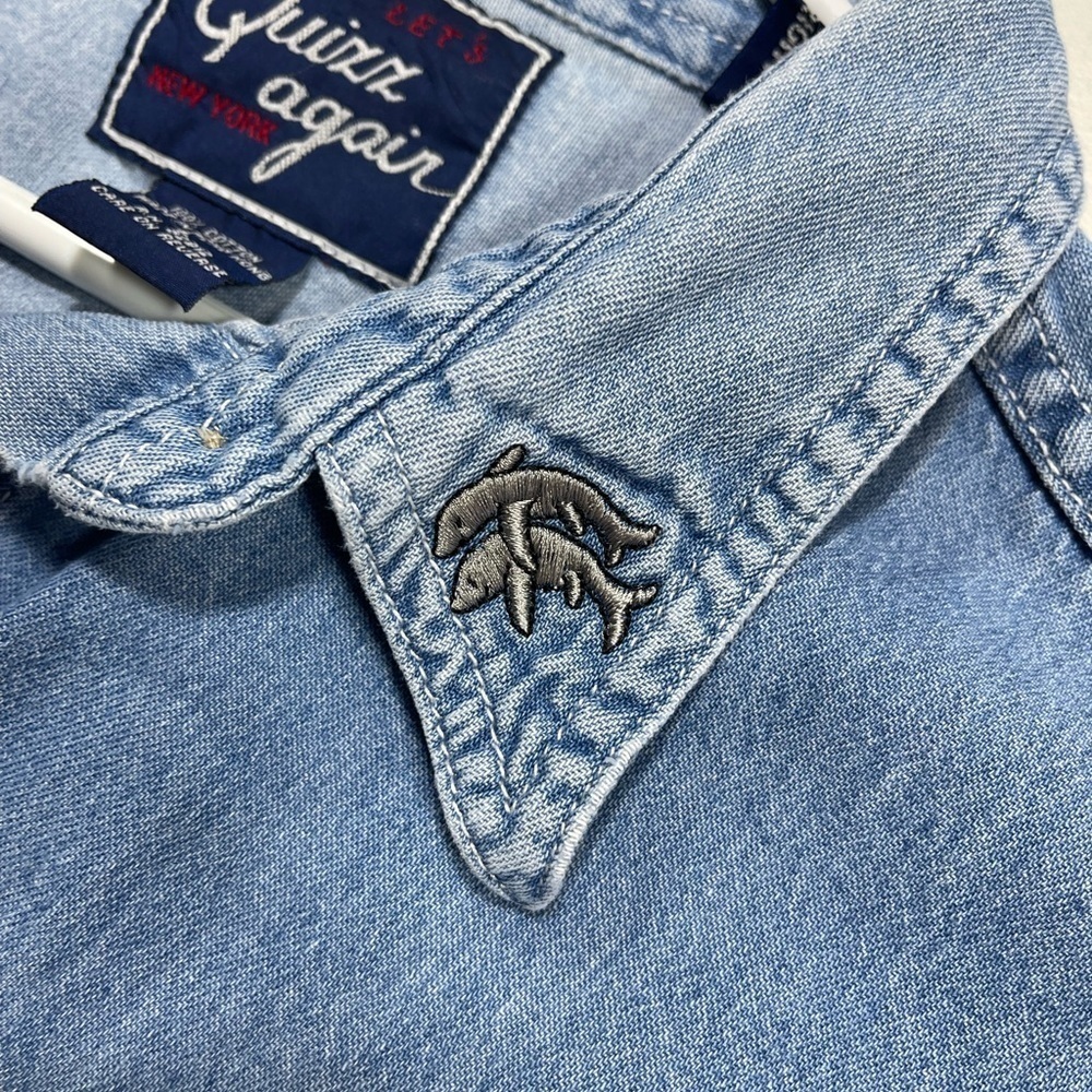 Let’s Quizz Again Noah’s ark button down short sleeve denim women’s top size L - Picture 9 of 9